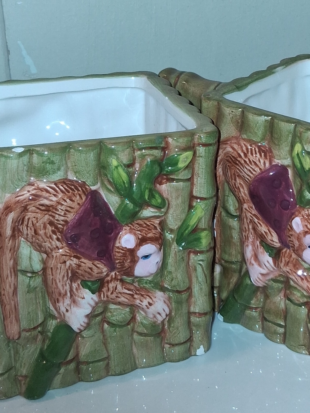 1998 CBK Ltd. Majolica-Style Monkey & Bamboo Mug Pair